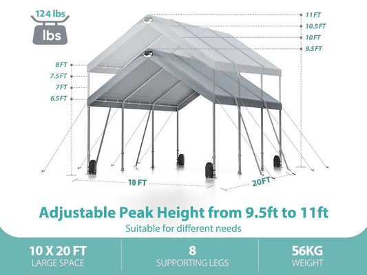 Carport canopy Sannwsg 10x20 by VIP Digital Presence, adjustable peak 9.5–11 ft, heavy gray steel on Tampa Home & Garden Store