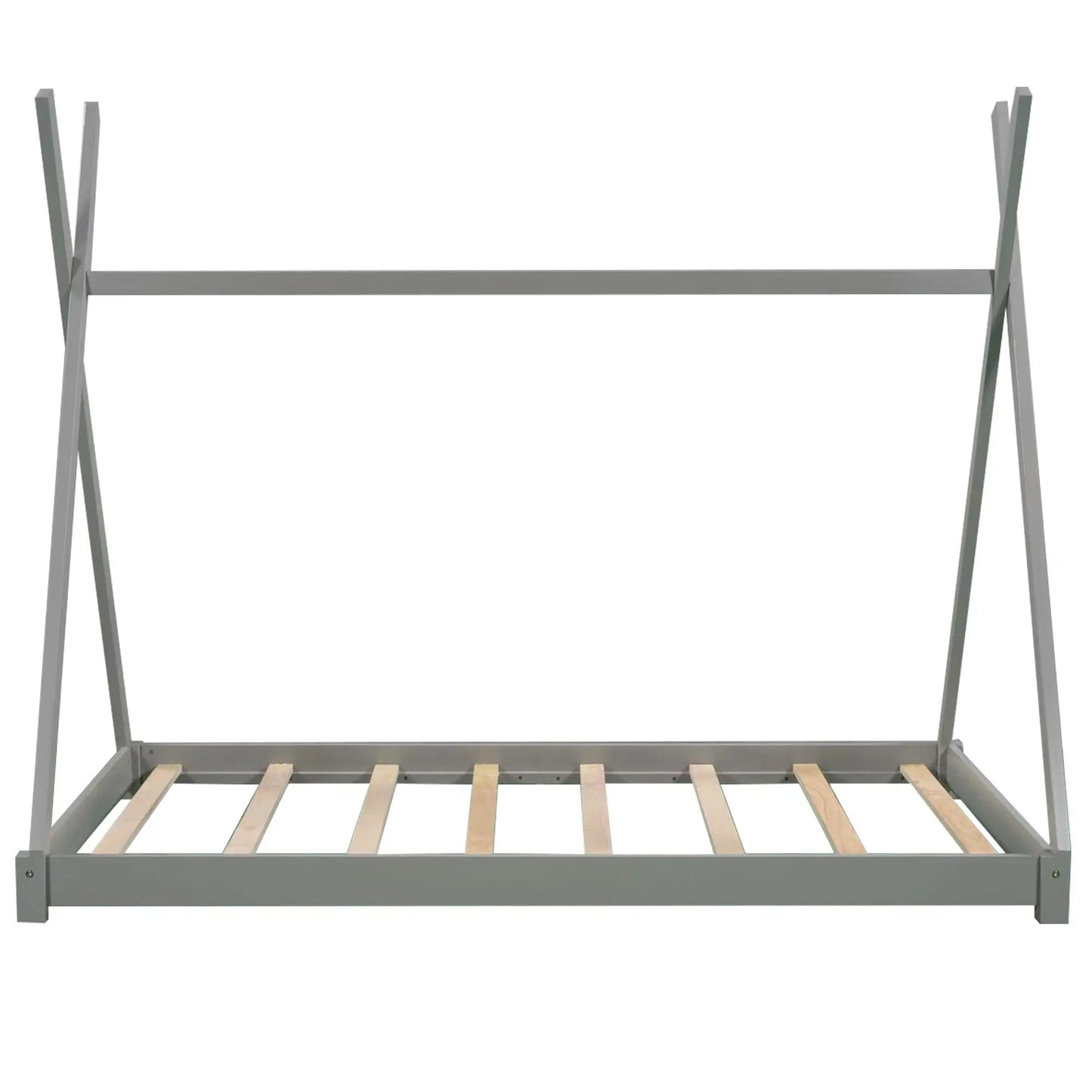 Twin size house platform bed frame in gray with triangle side supports and wooden slats on Tampa Home & Garden Store