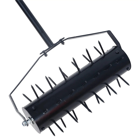 Rolling manual lawn aerator with black steel roller and spike tines, 58-inch handle on Tampa Home & Garden Store