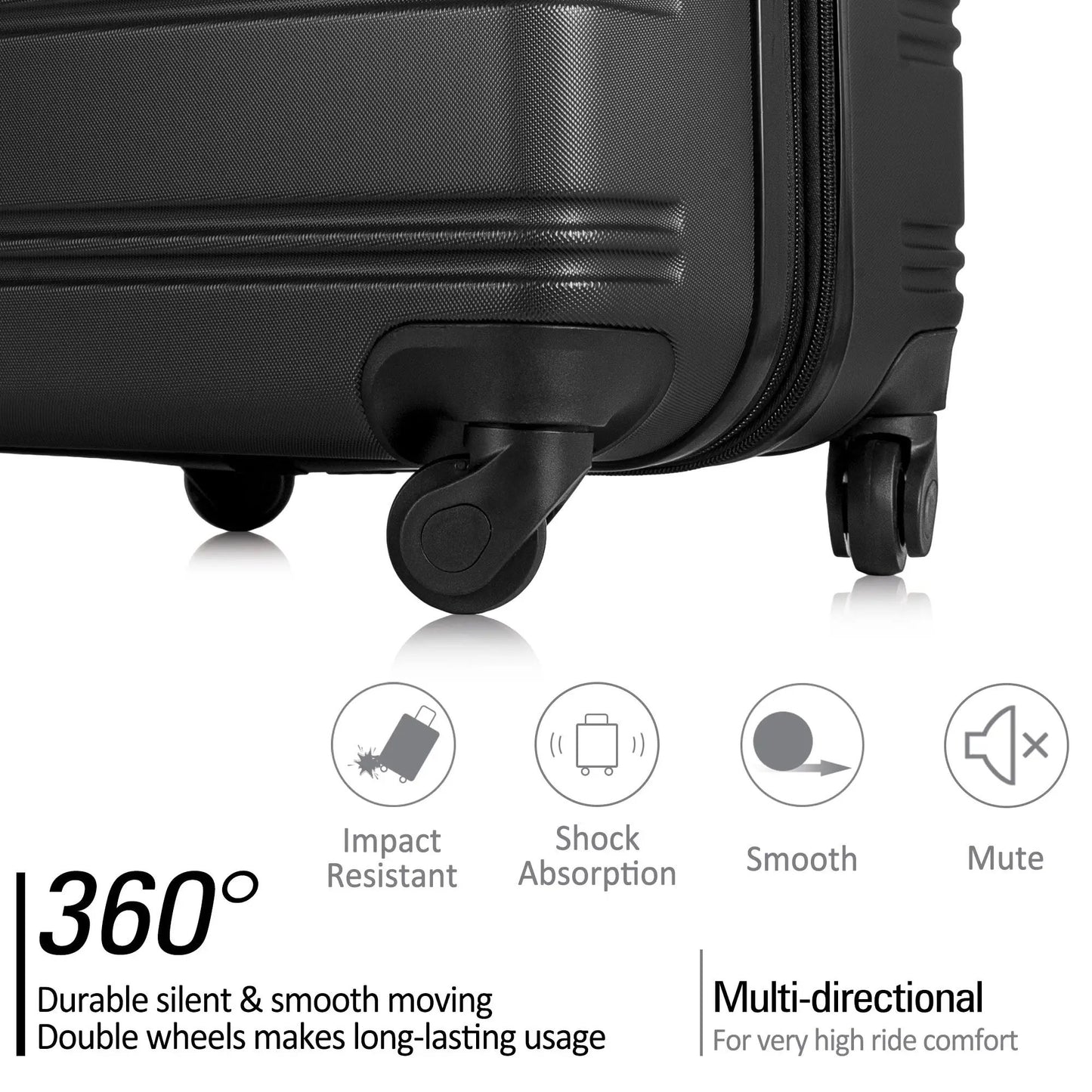 Black 3-piece hardside spinner luggage set wheel closeup on Tampa Home & Garden Store