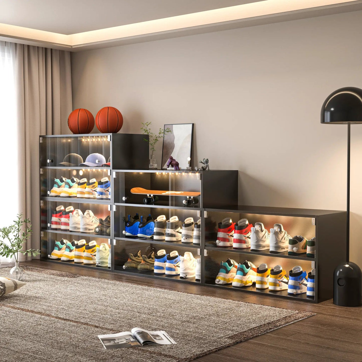 Black glass door shoe cabinet with LED lighting displaying sneakers on shelves on Tampa Home & Garden Store