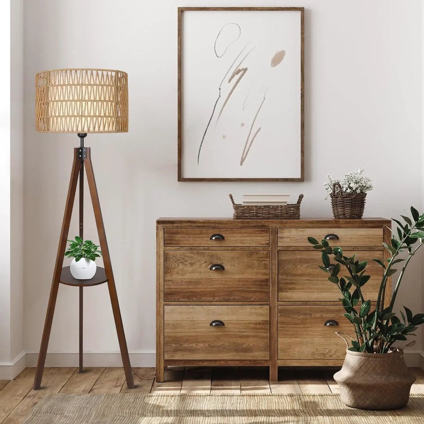 Lampadaire Trépied Boho avec Étagères, Lampadaire sur Pied en Bois Mid-Century avec Abat-jour en Rotin et Tissu, Interrupteur au Pied ON/OFF pour Bureau