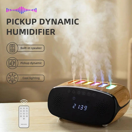 Music Clock Humidifier with Volcano Light, black woodgrain finish, built-in speaker, remote on Tampa Home & Garden Store