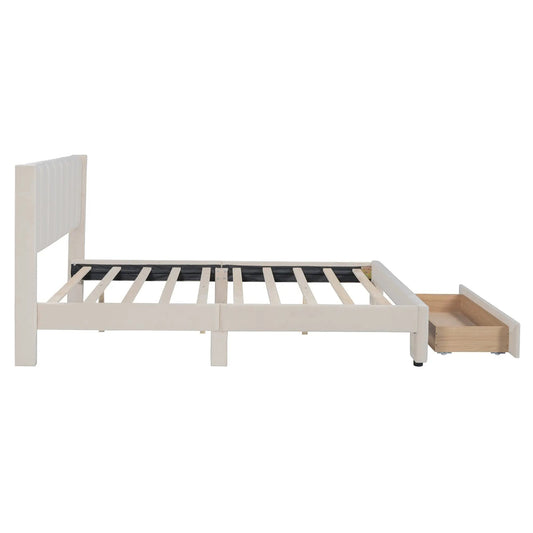 Queen Size Velvet Storage Bed with Drawer Beige upholstered headboard and platform frame on Tampa Home & Garden Store