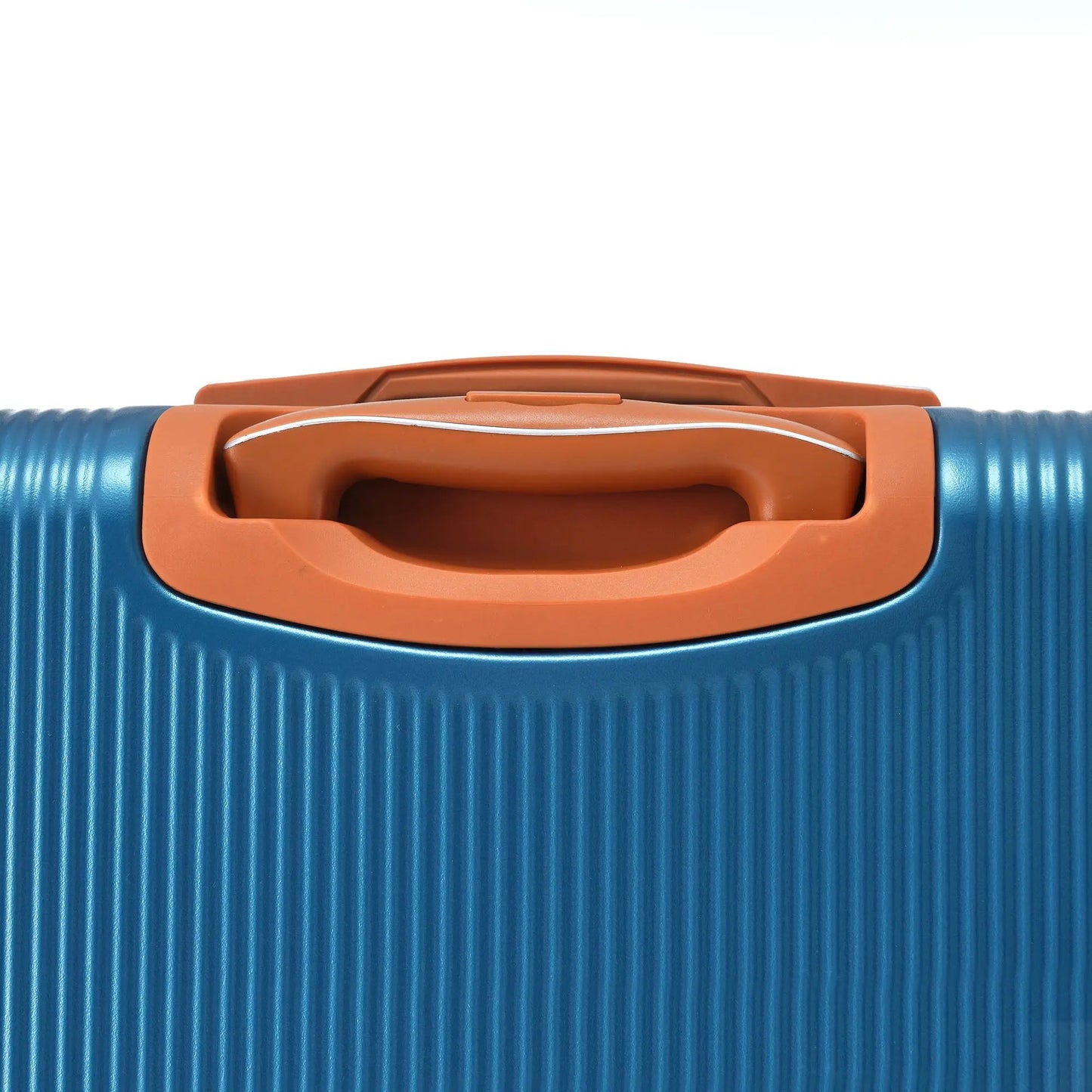 Blue ABS luggage with orange handle and ribbed texture close-up on Tampa Home & Garden Store