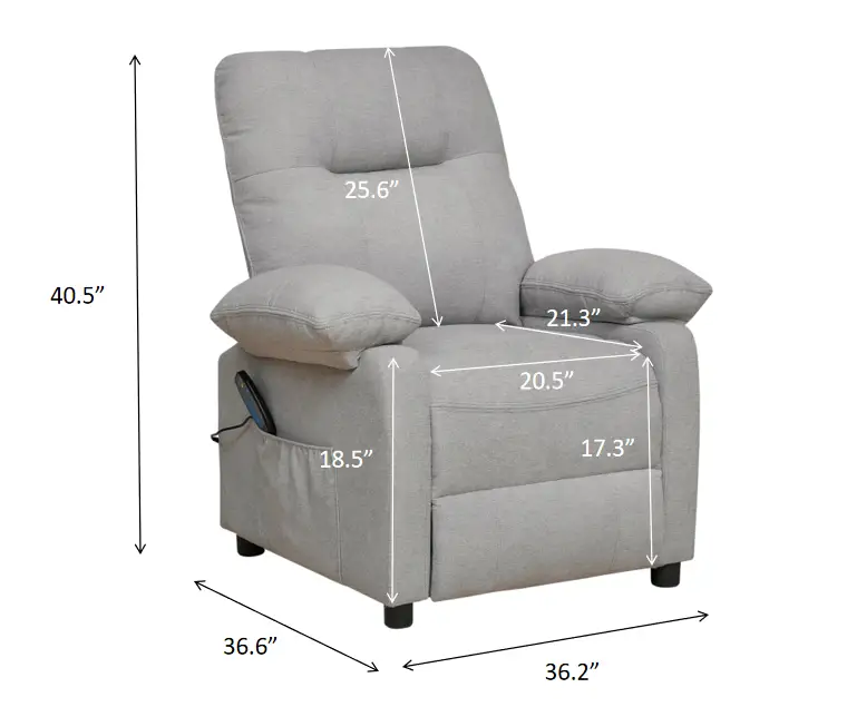 Recliner chair in gray fabric with a side storage pocket and padded arms on Tampa Home & Garden Store