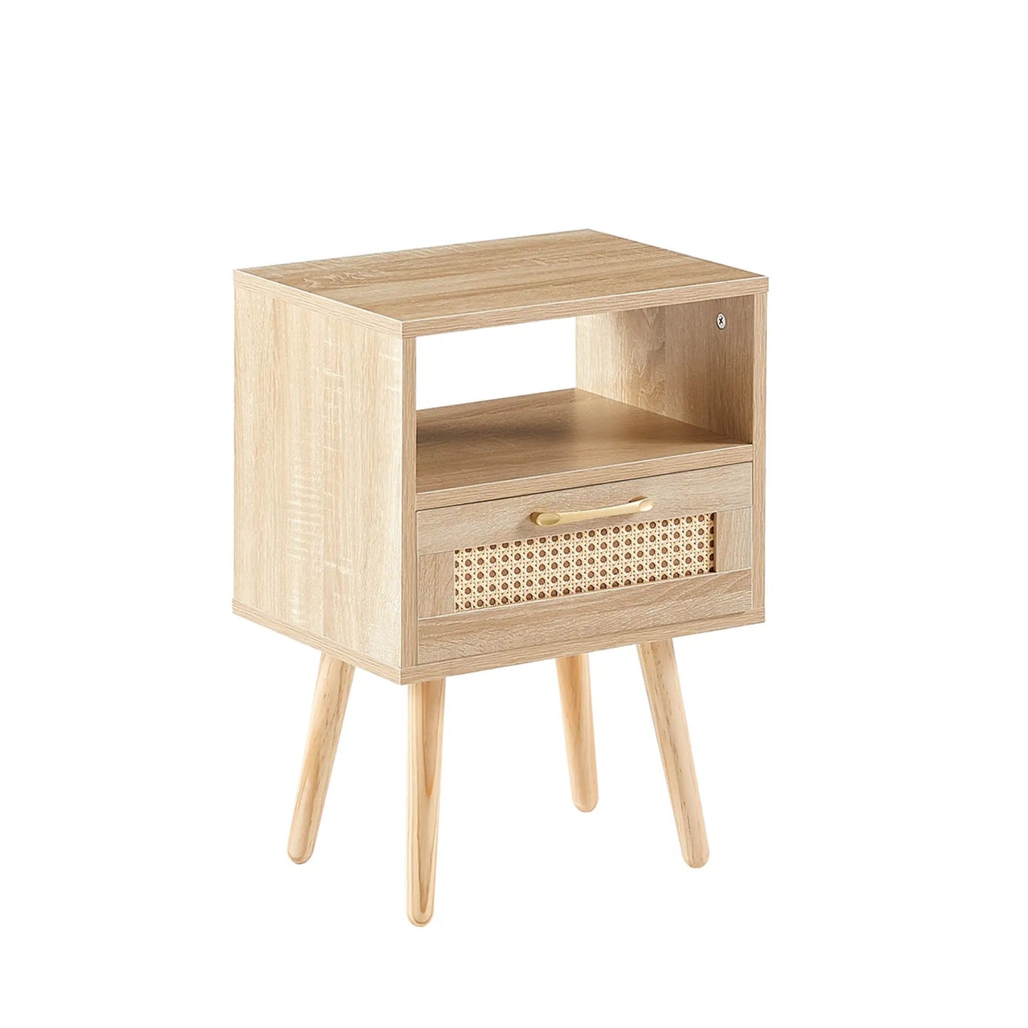 Rattan End Table with Drawer and Solid Wood Legs