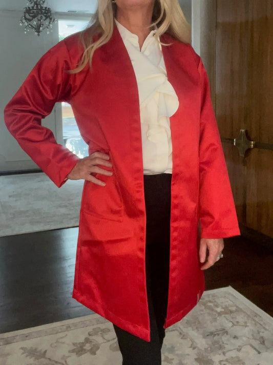Prada Waterproof Satin Trench Coat red satin outerwear worn over white blouse on Tampa Home & Garden Store