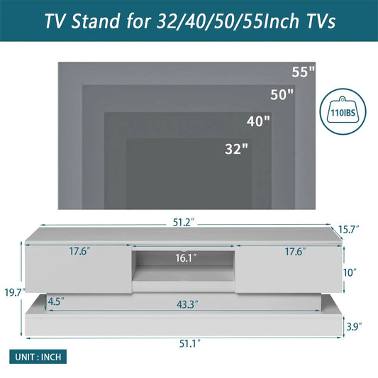 51.18 Inch White Modern TV Stand with LED Lights, 110lbs, fits 32-55in TVs, slim design on Tampa Home & Garden Store