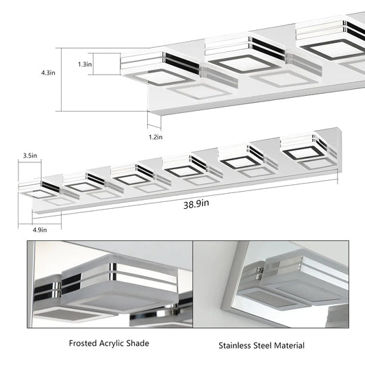LED chrome makeup light with 6 square LEDs on a long mirrored tabletop makeup mirror on Tampa Home & Garden Store