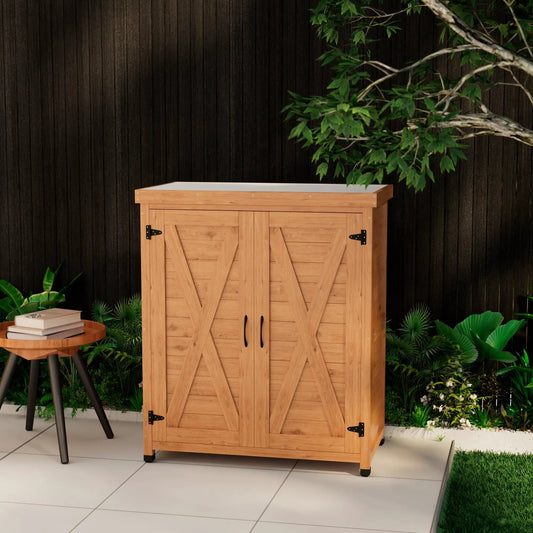 Potting Bench with Storage Cabinet and Metal Top, light oak finish and black hardware on Tampa Home & Garden Store