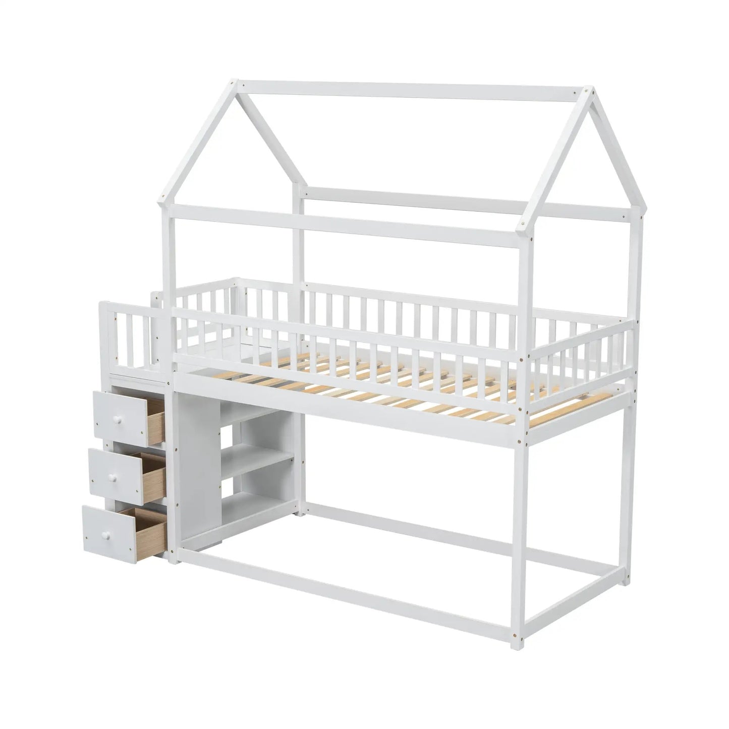 Twin Bunk Bed With Shelves and Drawers White