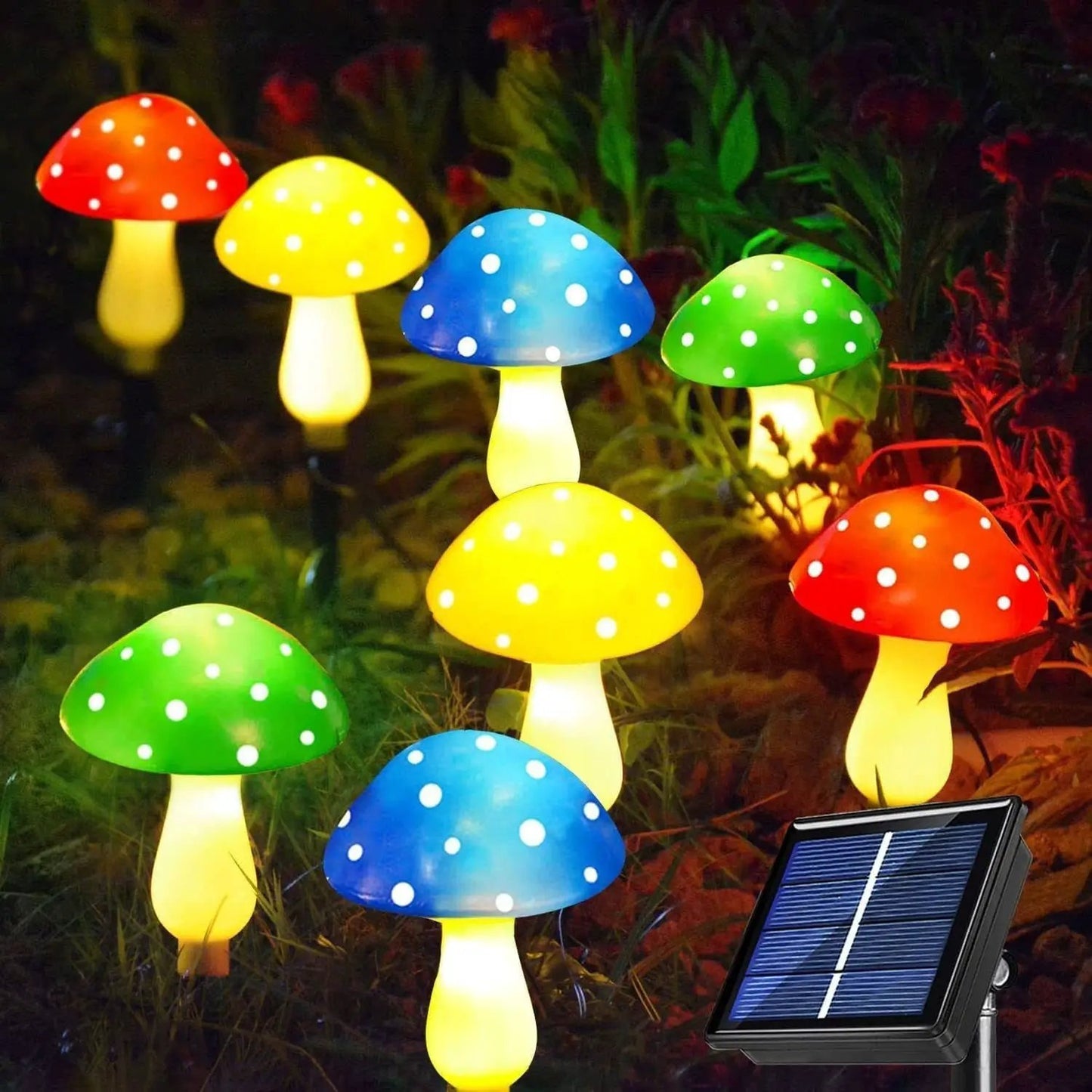 Solar mushroom lawn lights in red, yellow, blue and green with polka dots along garden path on Tampa Home & Garden Store