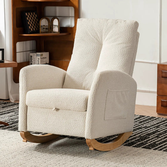 Accent Rubber Wood Rocking Chair with Footrest in beige upholstery, wooden rockers on Tampa Home & Garden Store