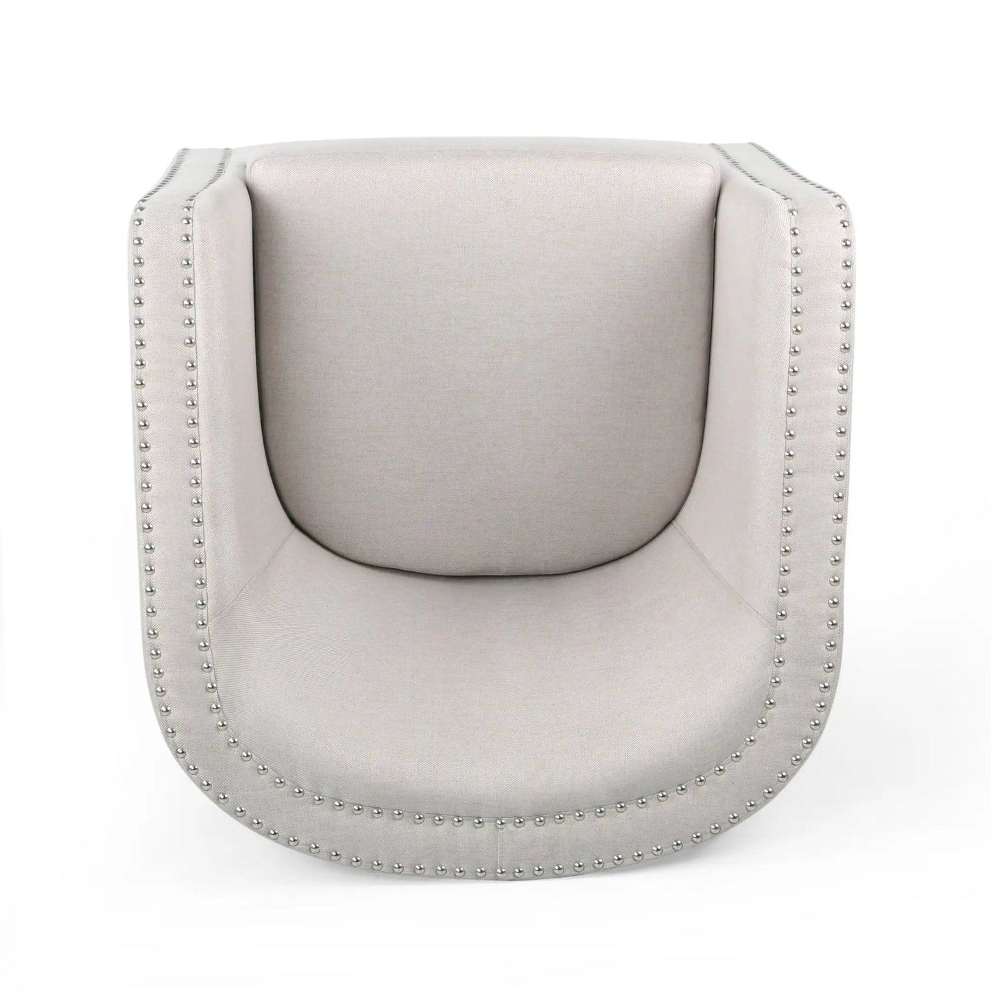 Wheat fabric swivel chair with cushioned seat and silver nailhead trim along the arms on Tampa Home & Garden Store