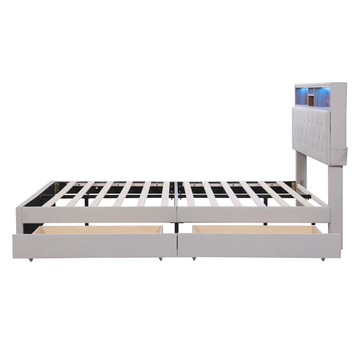 Queen beige upholstered platform bed with under-bed storage drawers and LED headboard on Tampa Home & Garden Store