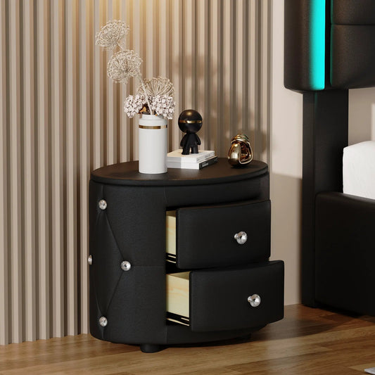 Elegant black PU nightstand with 2 drawers, tufted front and crystal knob pulls on Tampa Home & Garden Store