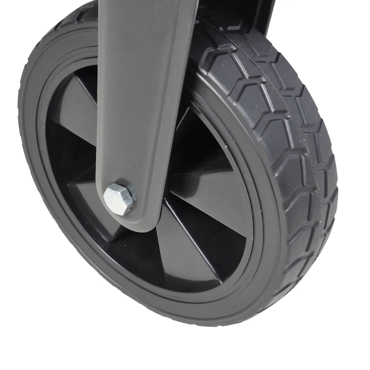 Folding wagon front wheel assembly with rugged black tire and gray frame on Tampa Home & Garden Store