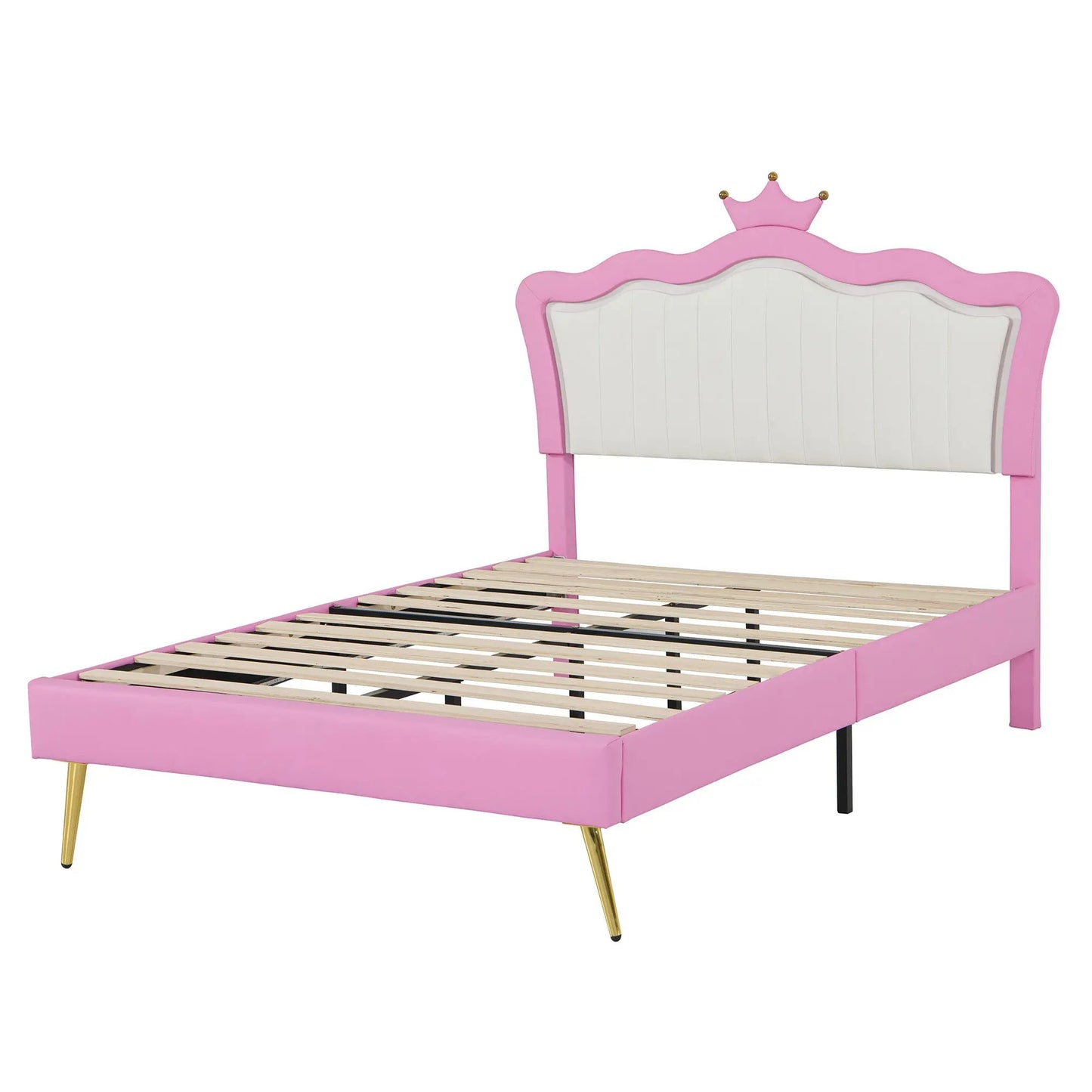 Base de cama tapizada de tamaño completo con luces LED, cama de princesa moderna tapizada con cabecero de corona, rosa+blanco