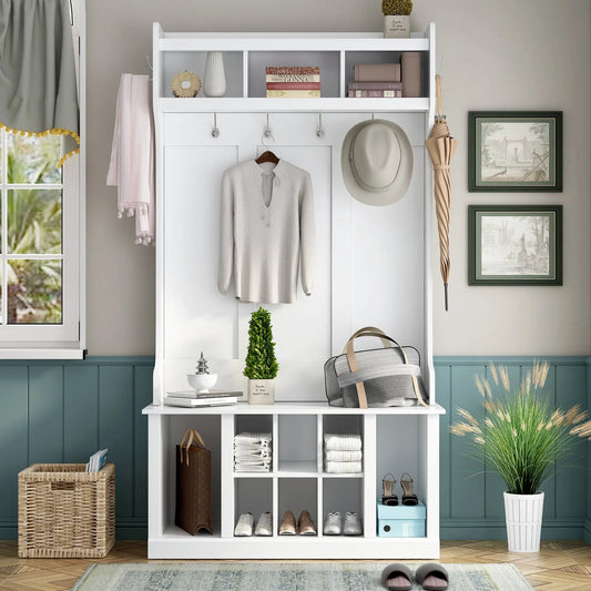 U-Can Hall Tree with 6 Hooks Entryway Bench white with upper cubbies and coat hooks on Tampa Home & Garden Store