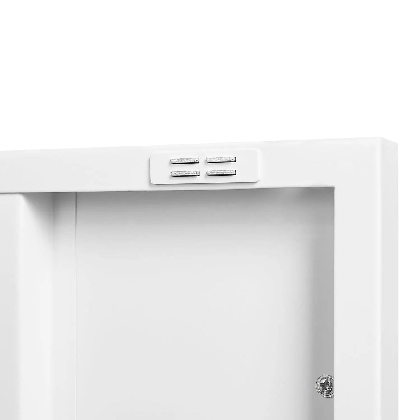 White steel storage cabinet interior with double doors, inner shelf visible and screw detail on Tampa Home & Garden Store