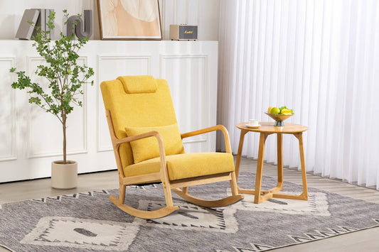 Yellow upholstered rocking chair with lumbar pillow and wooden rockers on Tampa Home & Garden Store