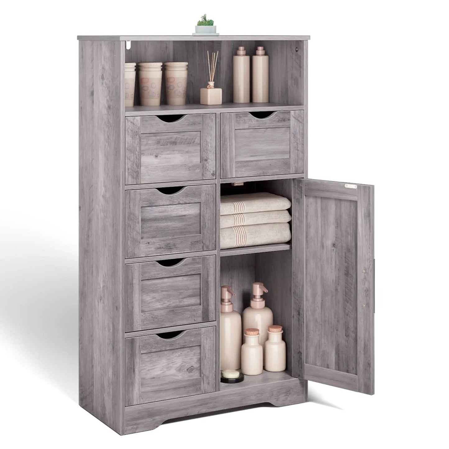 Grey wood cabinet with 5 drawers and doors; open shelf shows beige cups and bottles, plant on top on Tampa Home & Garden Store