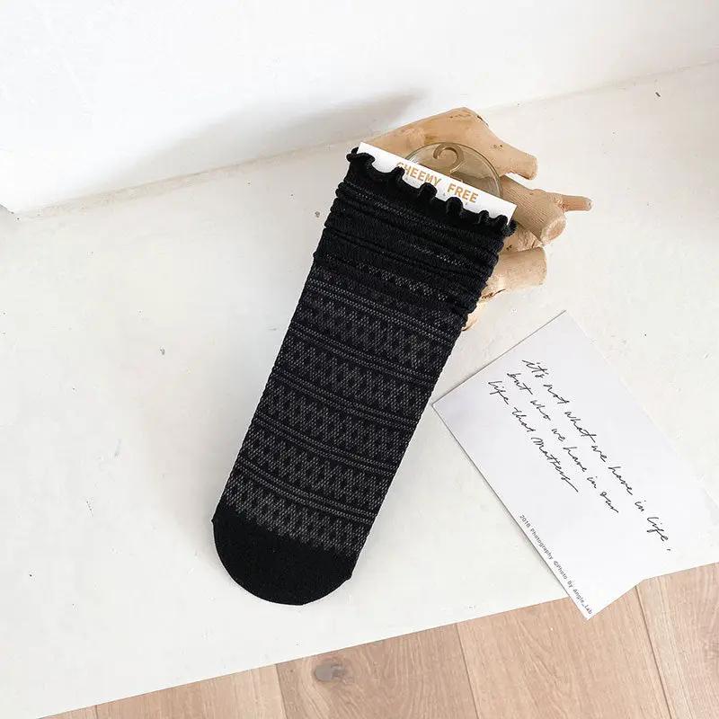One black mesh tube sock with Japanese lace trim, breathable summer anklewear on Tampa Home & Garden Store