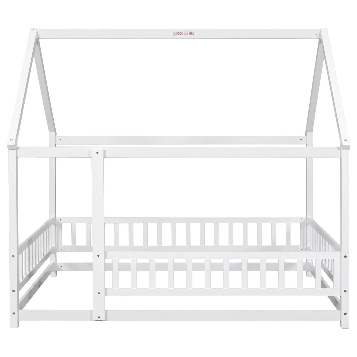 Cama de Madera Tamaño Completo con Estructura de Techo de Casa, Barandillas Protectoras y Valla, Blanca