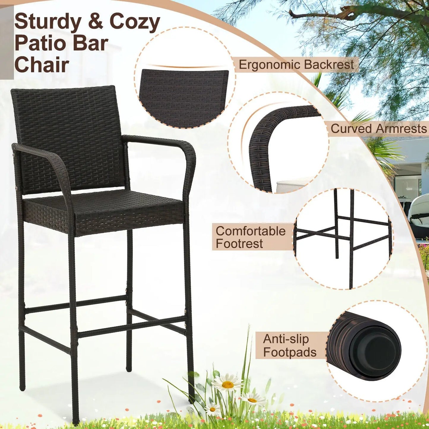 Outdoor rattan barstool set with armrests, 2pc black PE wicker chairs with ergonomic back on Tampa Home & Garden Store