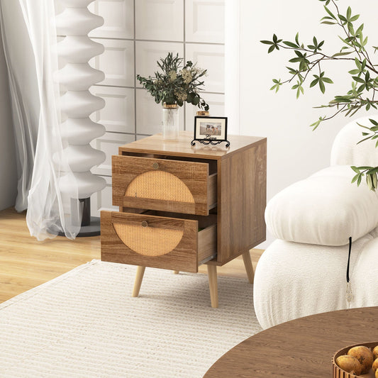 Set of 2 Rattan Nightstand with 2 Drawers and Solid Wood Legs-Natual - Tampa Home & Garden Store