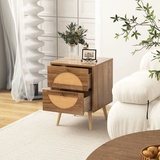 Set of 2 Rattan nightstands with 2 drawers and solid wood legs on Tampa Home & Garden Store