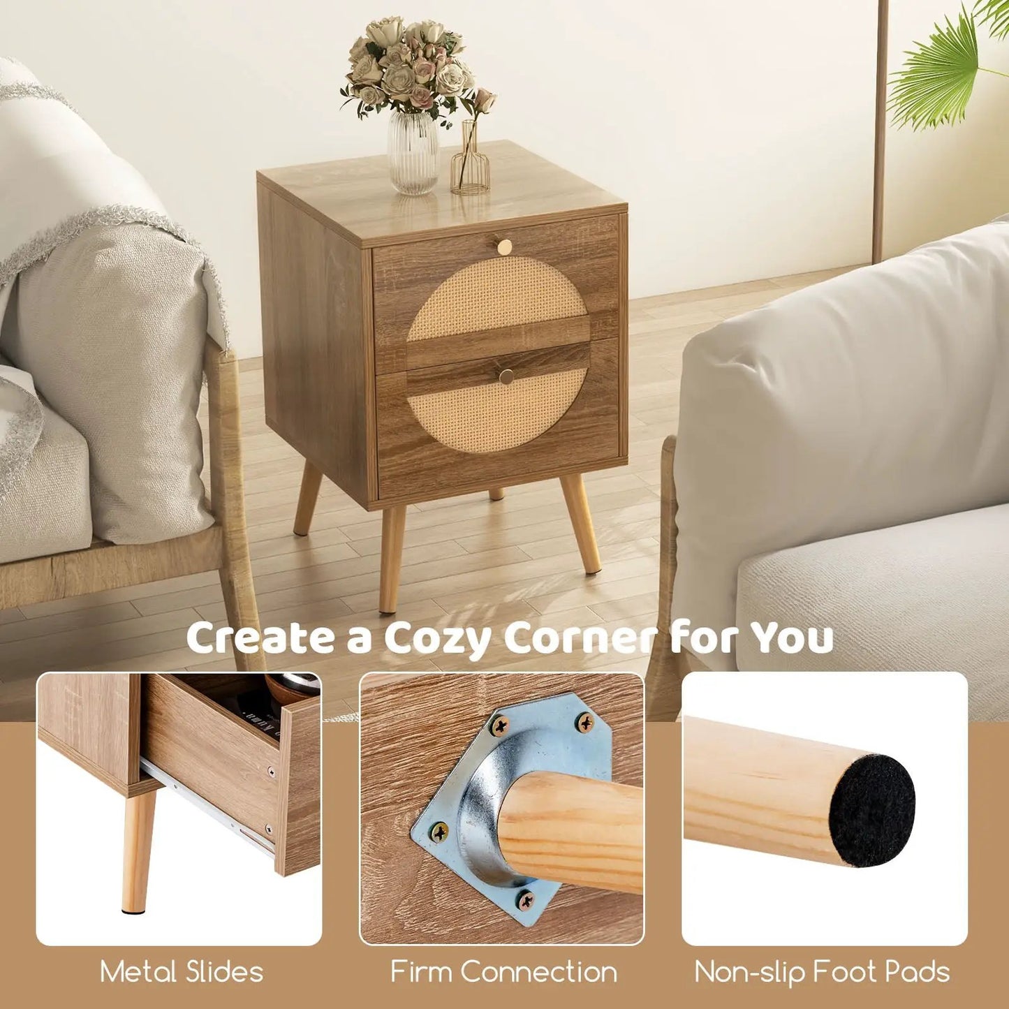 Set of 2 Rattan Nightstand with 2 Drawers and Solid Wood Legs-Natual - Tampa Home & Garden Store