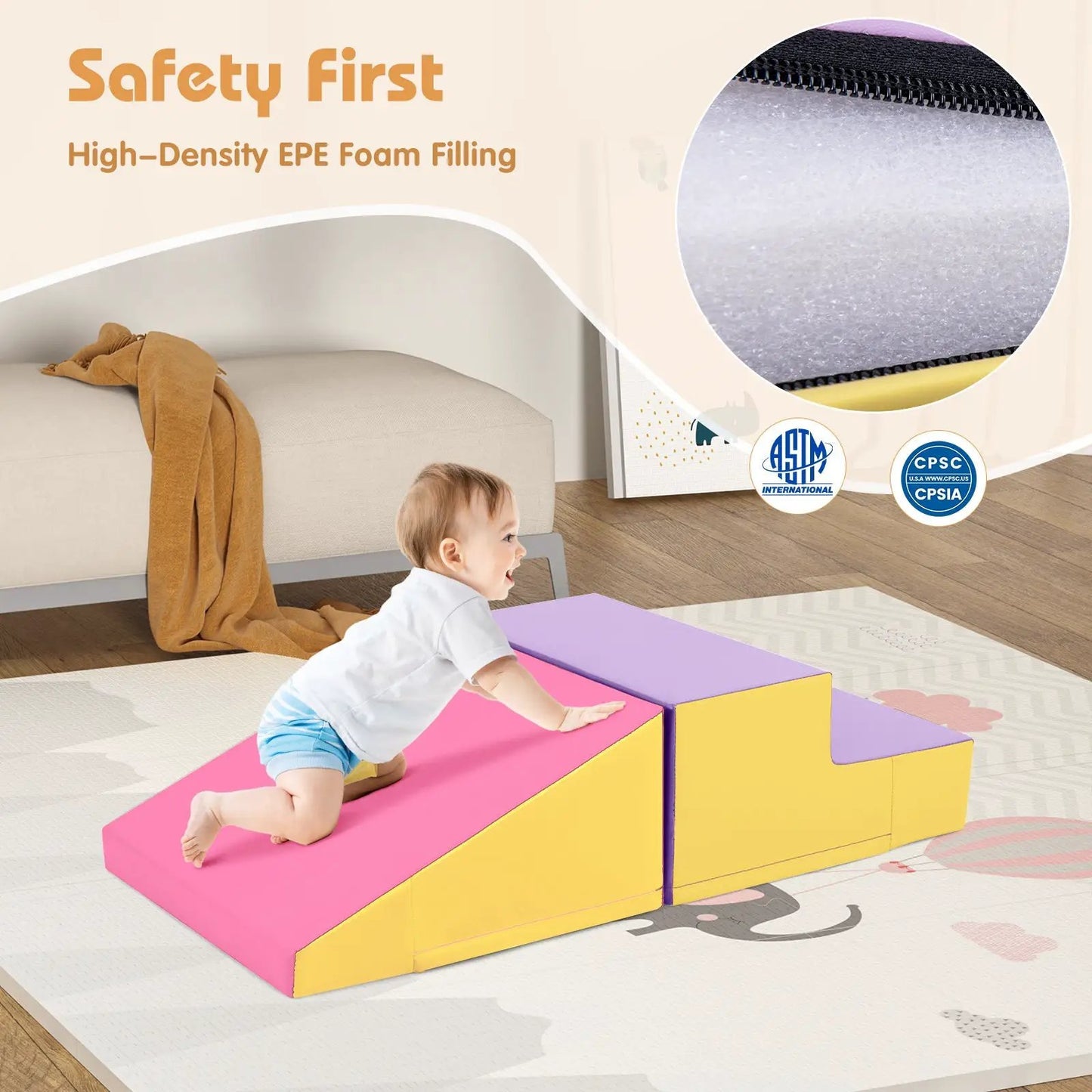 Step and Slide Climber infant toddler foam blocks in pink yellow; baby on climber on Tampa Home & Garden Store