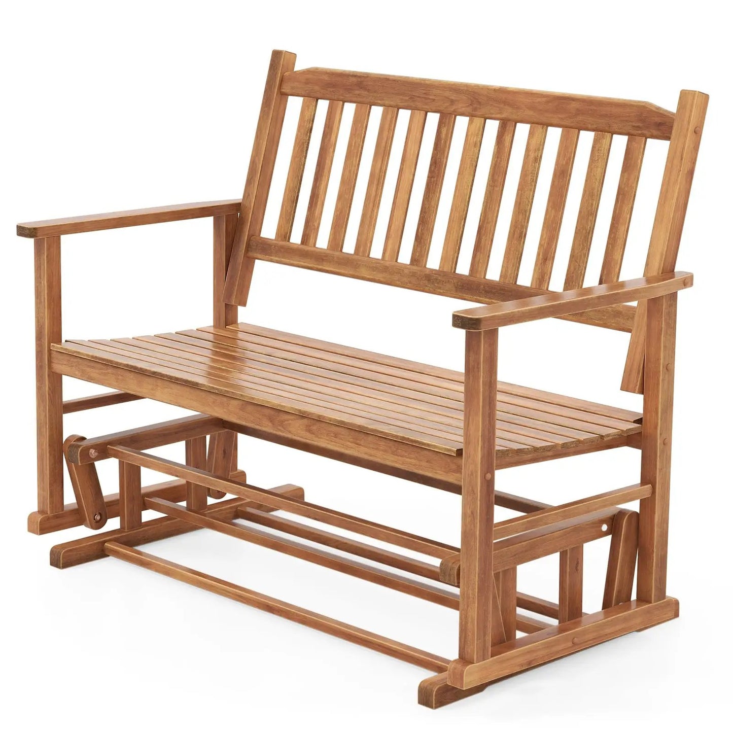 Two Seat Outdoor Glider Bench with Armrests in natural wood finish on Tampa Home & Garden Store