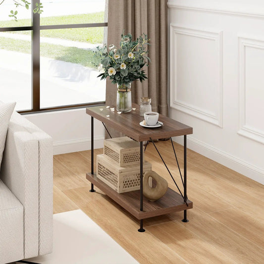 Multipurpose display rack with wood top and black metal frame; bottom shelf with crates on Tampa Home & Garden Store