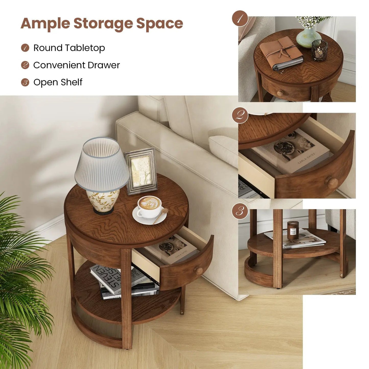 2-Tier Round End Table with Drawer and Shelf DirectDeals warm brown wood finish on Tampa Home & Garden Store