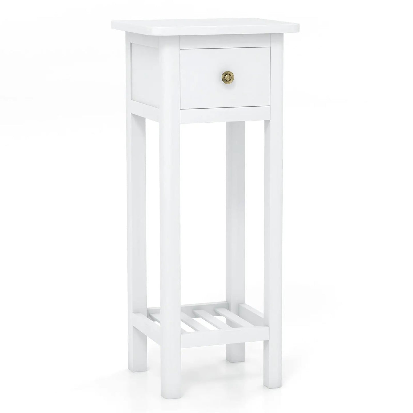 2 Tier Slim Nightstand with Drawer and Shelf white DirectDeals brass knob on Tampa Home & Garden Store