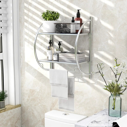 Wall Mounted 2-Tier Towel Rack with 2 Bars in chrome, curved rails, 2 shelves on Tampa Home & Garden Store