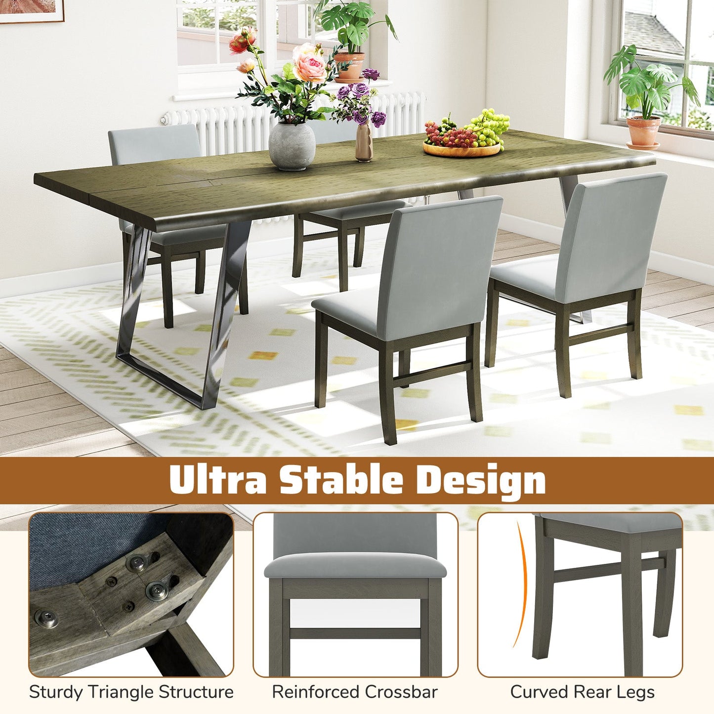 Juego de 2 sillas de comedor tapizadas con patas de madera de caucho y respaldo alto - Gris