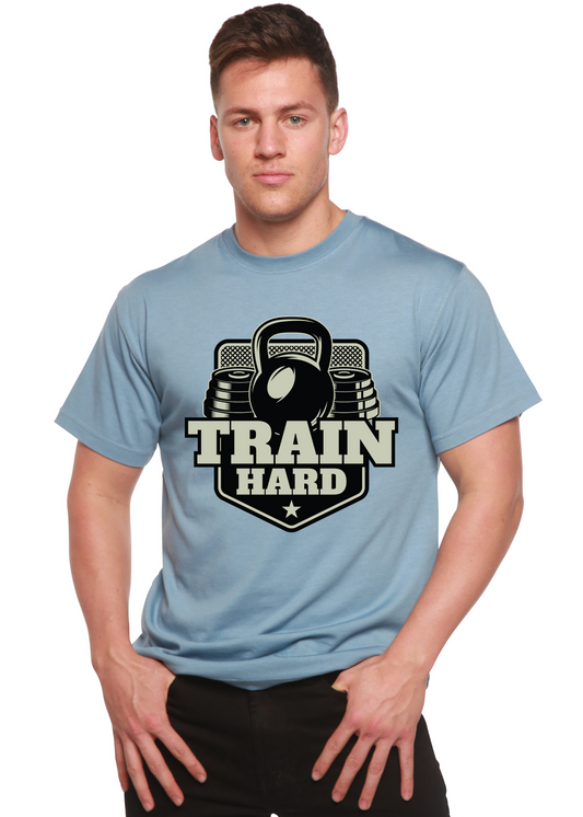 Train Hard bamboo viscose graphic T-shirt in light blue with kettlebell design on Tampa Home & Garden Store