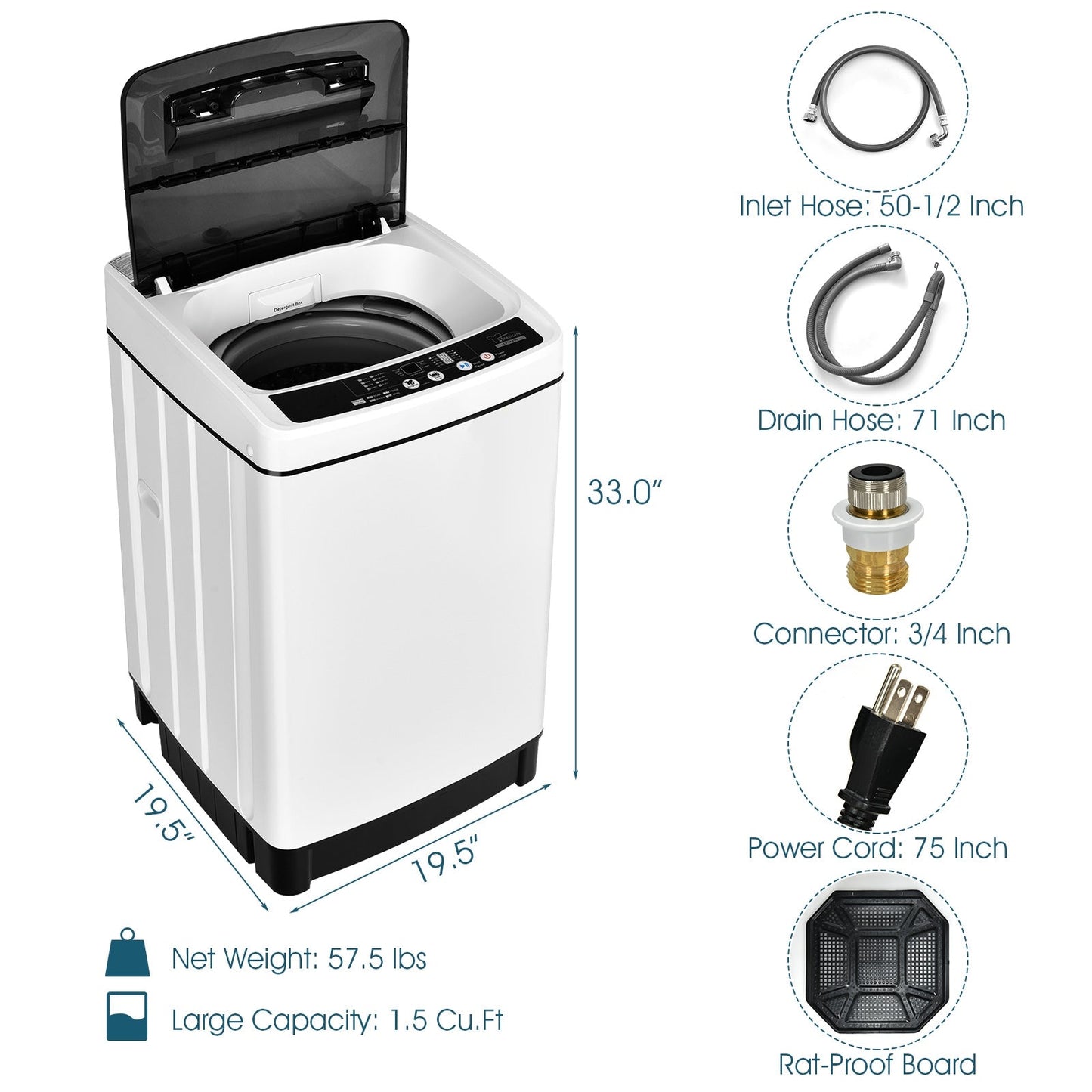 Lavadora completamente automática 1.5 pies cúbicos 11 libras - Blanca