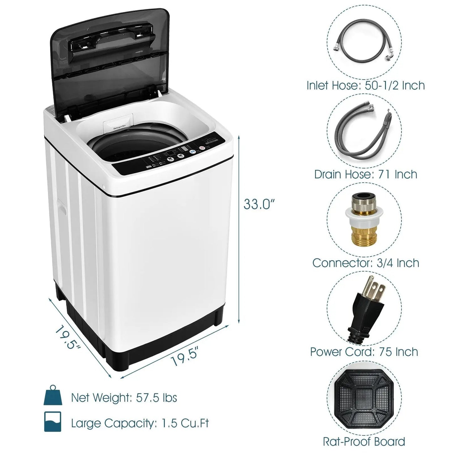 Full-Automatic Washing Machine 1.5 Cubic Feet 11 LBS Washer-White - Tampa Home & Garden Store