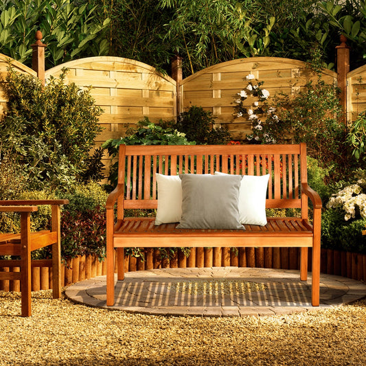 Two Person Solid Wood Garden Bench with Curved Backrest and Wide Armrest - Tampa Home & Garden Store