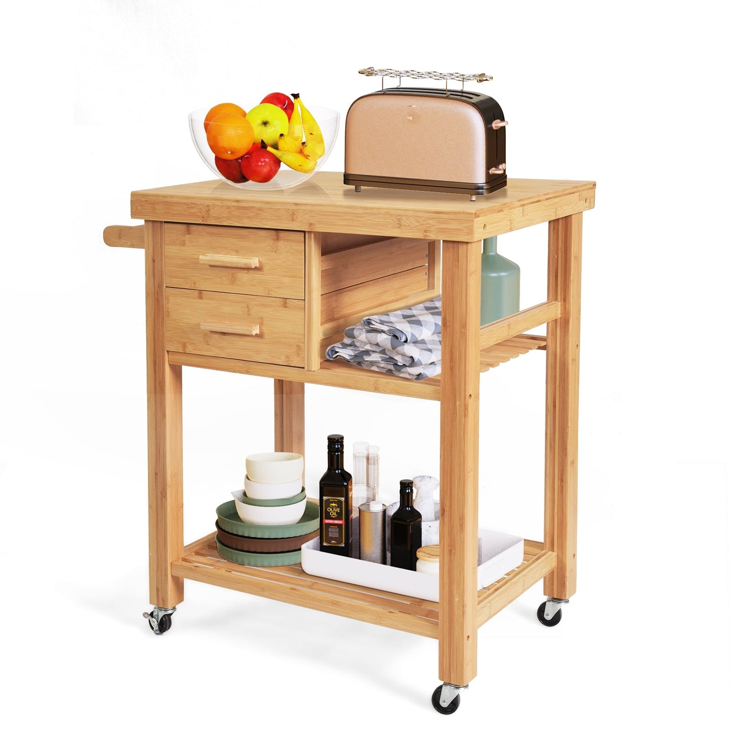 Bamboo kitchen trolley cart with tower rack, 3 drawers and shelf on caster wheels DirectDeals on Tampa Home & Garden Store