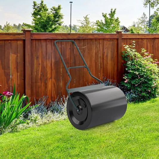 Lawn roller with U-shaped handle and dark gray steel drum for backyard lawn care on Tampa Home & Garden Store
