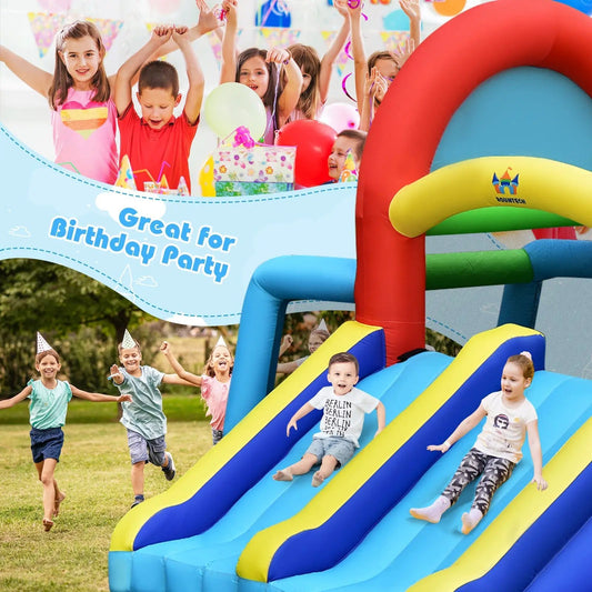 Inflatable Jumping Castle With Dual Slides by DirectDeals, blue-yellow striped slides with ROUNTEK logo visible on Tampa Home & Garden Store