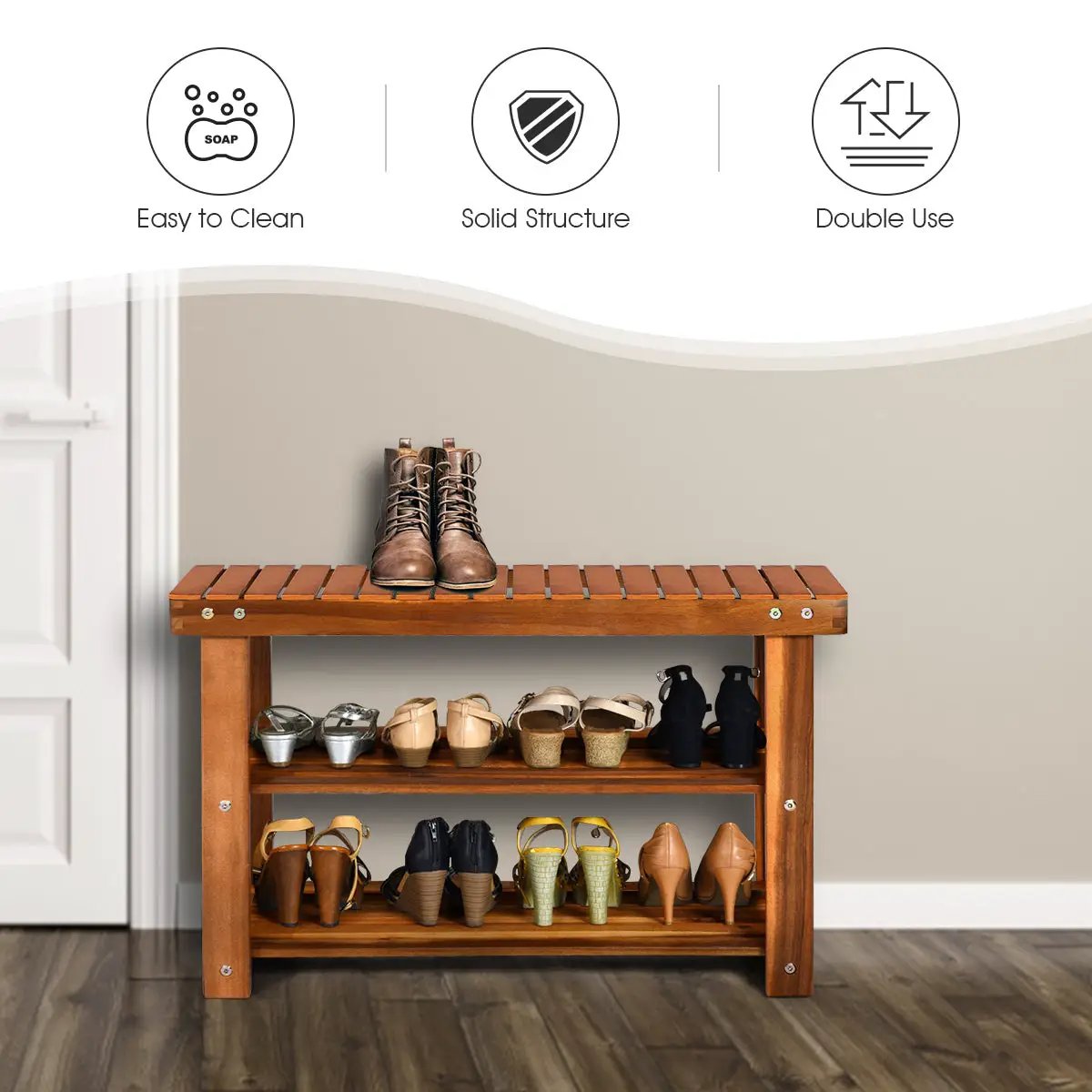 Wood bench with 3-tier shoe storage by DirectDeals, warm brown finish, slatted top on Tampa Home & Garden Store