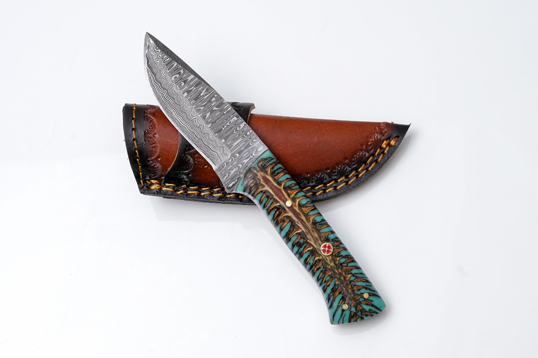 Damascus skinner knife pine cone teal resin handle mosaic pin Titan K leather sheath on Tampa Home & Garden Store
