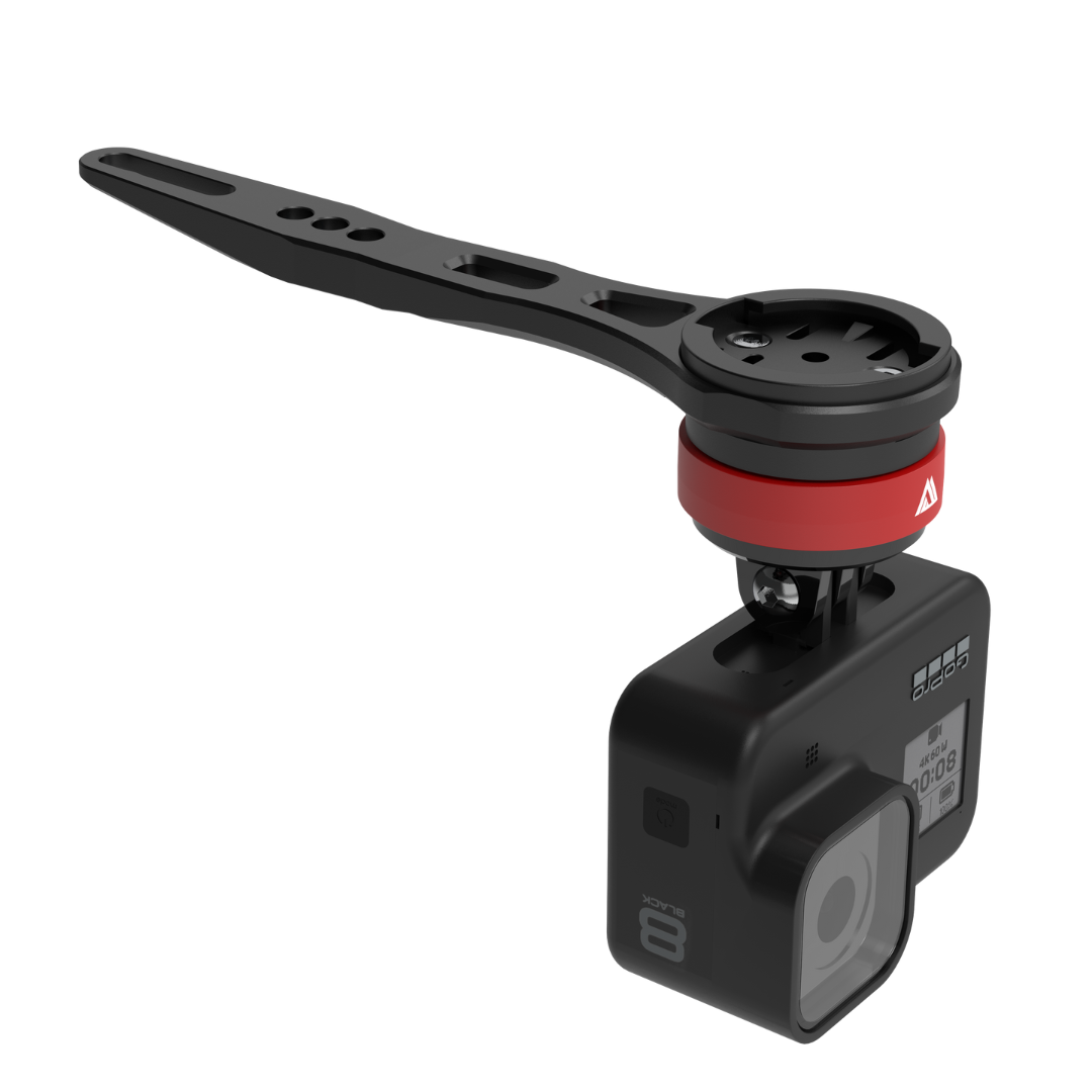 Integrated Handlebar Mount with black arm and red collar securing a GoPro on KOM Cycling on Tampa Home & Garden Store